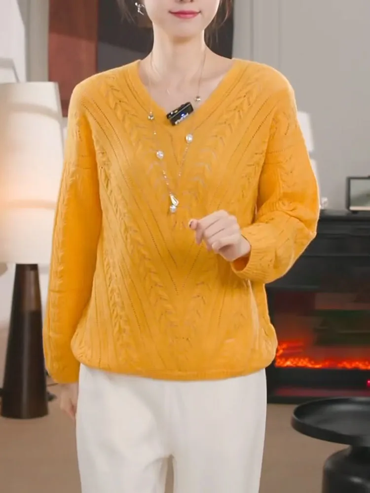 

Модный корейский желтый вязаный свитер с V-образным вырезом, осенняя новинка, универсальный топ больших размеров для женщин