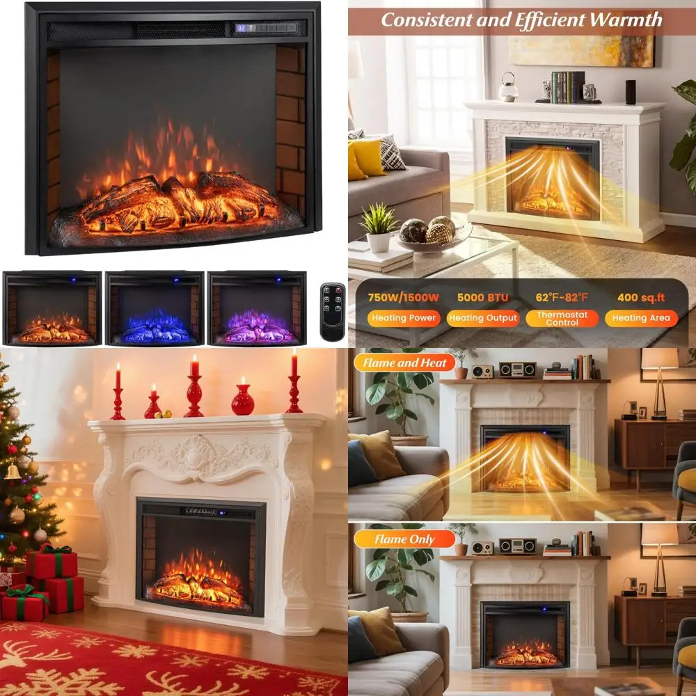 Elektryczny kominek wbudowany 26 cali, zakrzywiony grzejnik z pilotem, moc 750W/1500W, ochrona przed przegrzaniem, timer 6-godzinny, wpuszczany