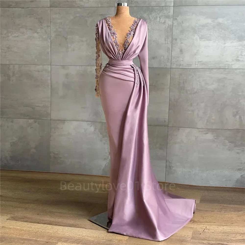 Vestido de noite cetim rosa, estilo sereia, decote em v, comprimento do chão, mangas compridas, arábia saudita, vestidos de baile