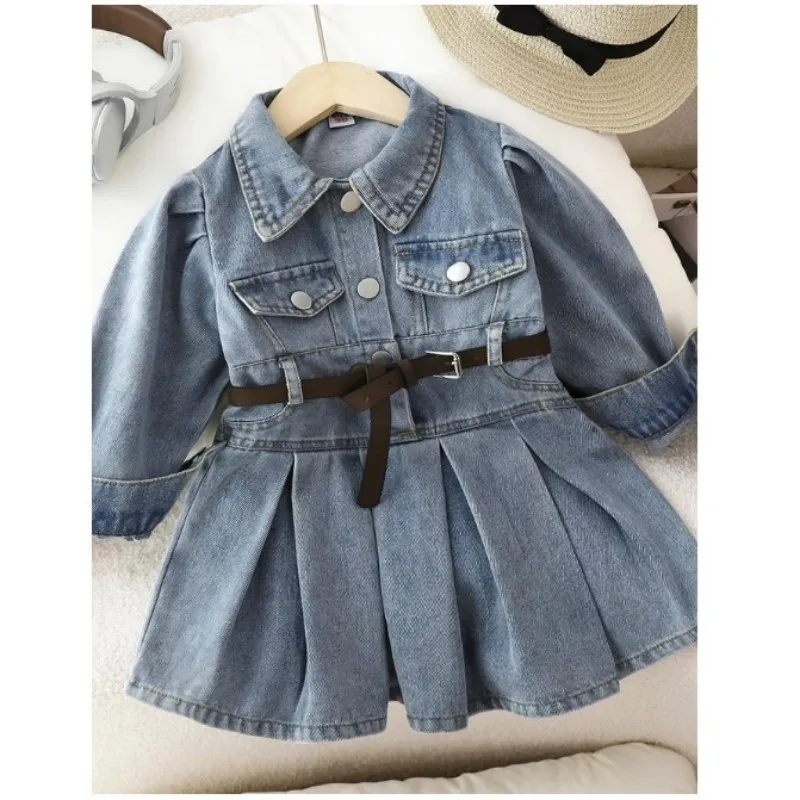 

New girls' denim dress long sleeved Korean version spring and autumn children's lapel and waist cinched denim skirt