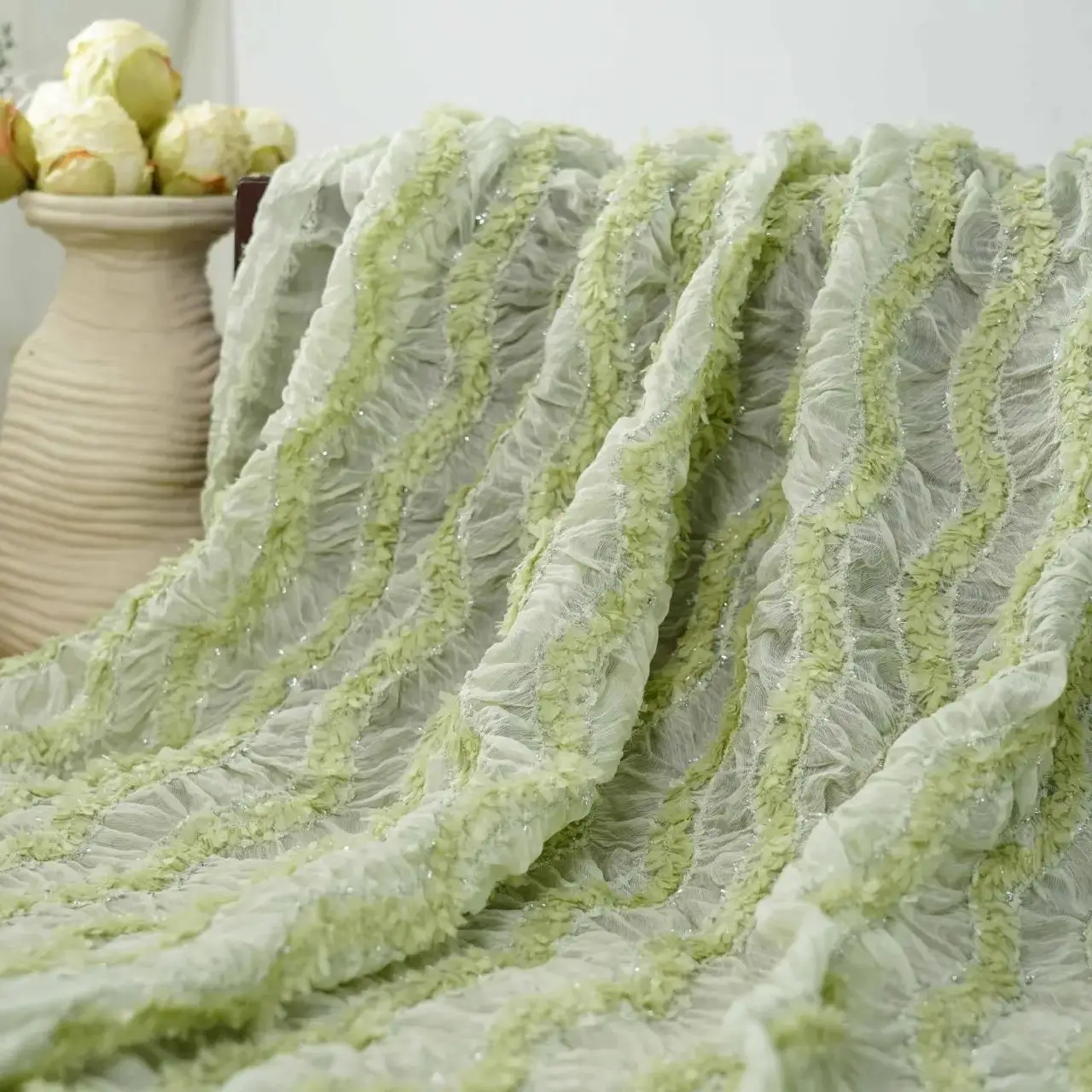 

New 3D striped wave shiny thread crochet fabric stretch decorative mesh fabric DIY sewing fabric designer home decor fabric