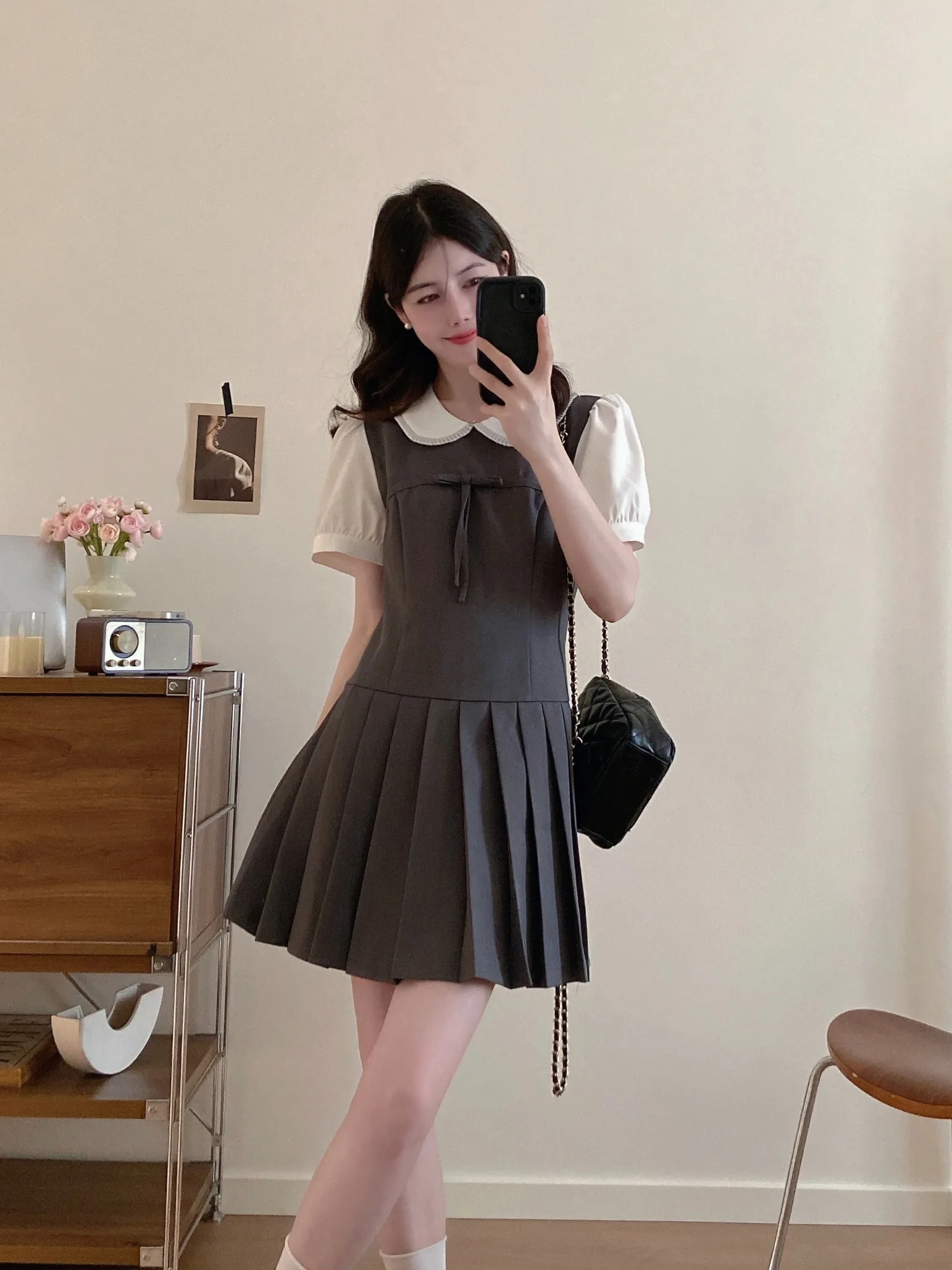 

plus Size Women's Summer Short Sleeve Wrap Waist Pleated Skirt Dress Color Block Fake Two-Piece High Waist Commute Style