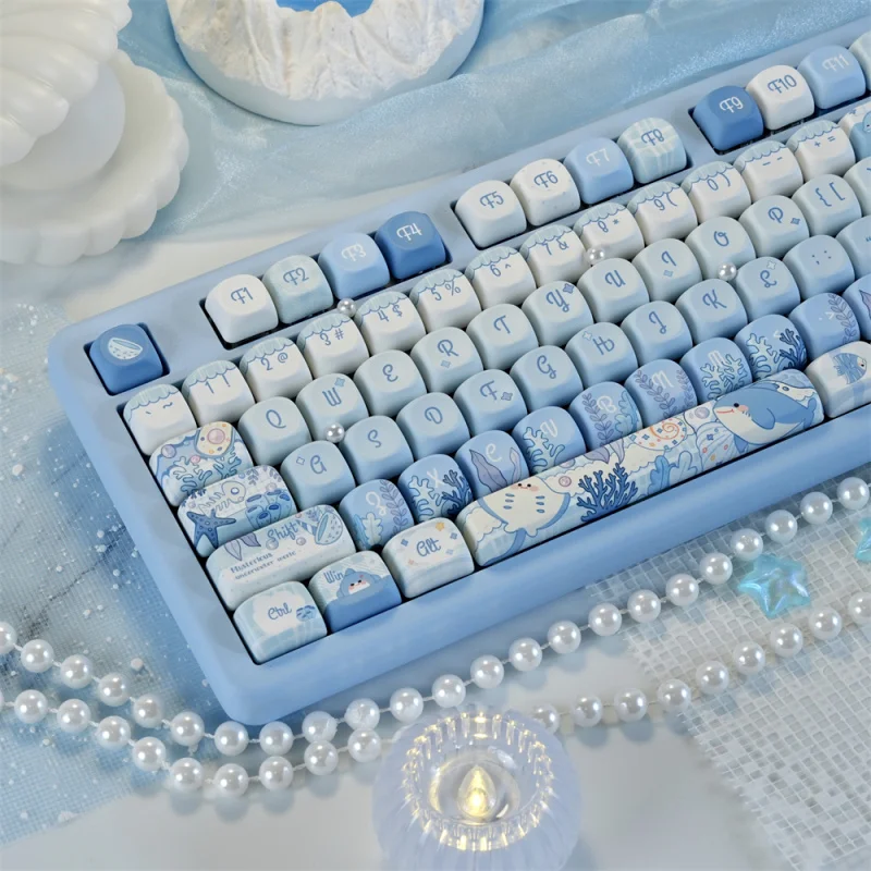 Blue Underwater World PBT Keycaps,130 Keys Custom MOA Profile Dye-Sublimation Key Caps For Mechanical Keyboard with MX Switches