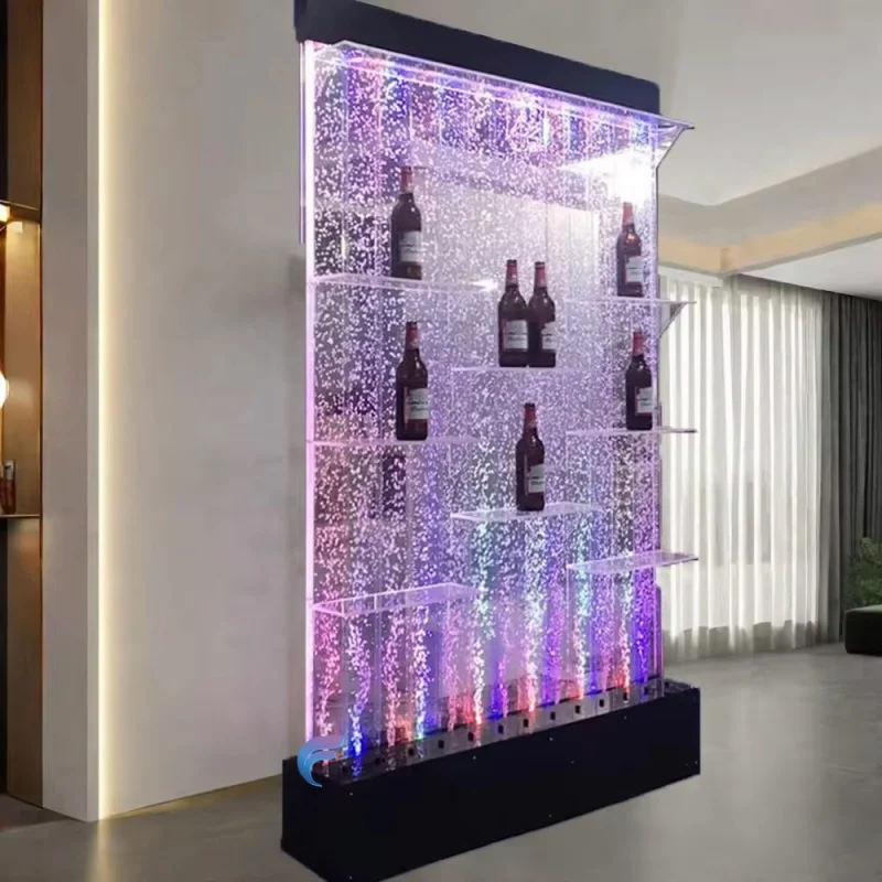 custom.Indoor RGB LED Color-Changing Acrylic Bubble Wall Fountain & Room Divider with Liquor Shelf Display