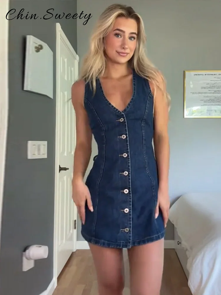 Fashion Single Breasted Short Denim Dress Women Solid V-neck Sleeveless Slim Sling Dresses 2025 Summer Lady High Street Robes