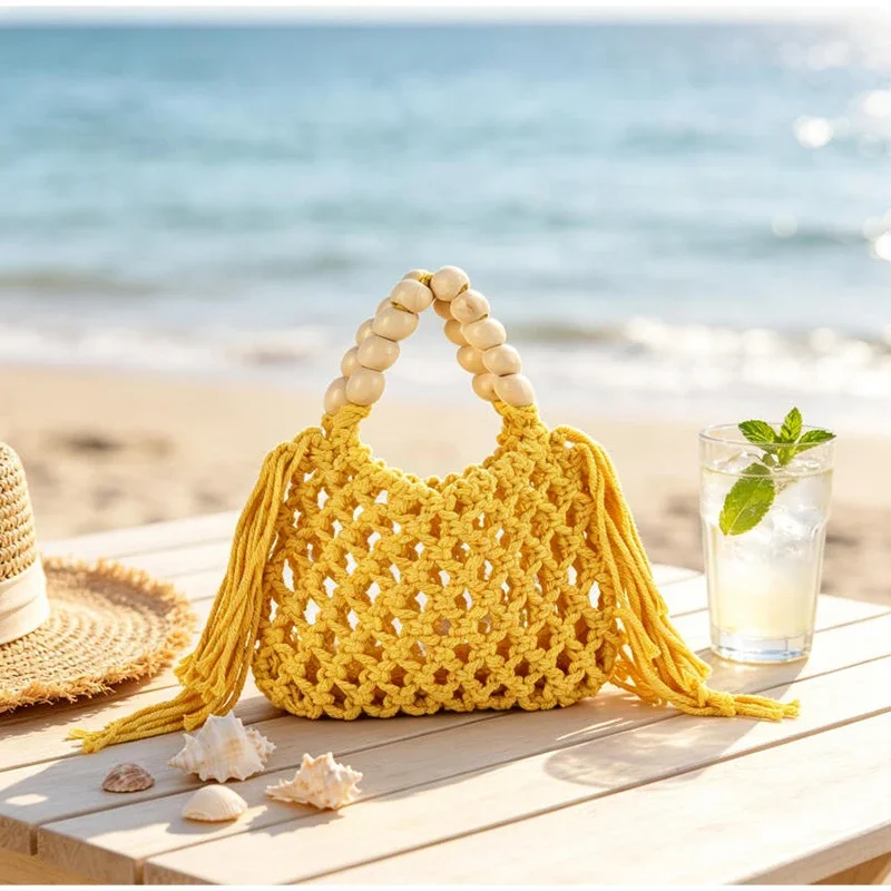 Boho Häkel-Handtasche mit Aushöhlungen und Quasten, Holzperlen-Griff, Gewebte Strandtasche, Sommer-Urlaub Strohtasche, Damen Casual Schultertasche – Detail 7