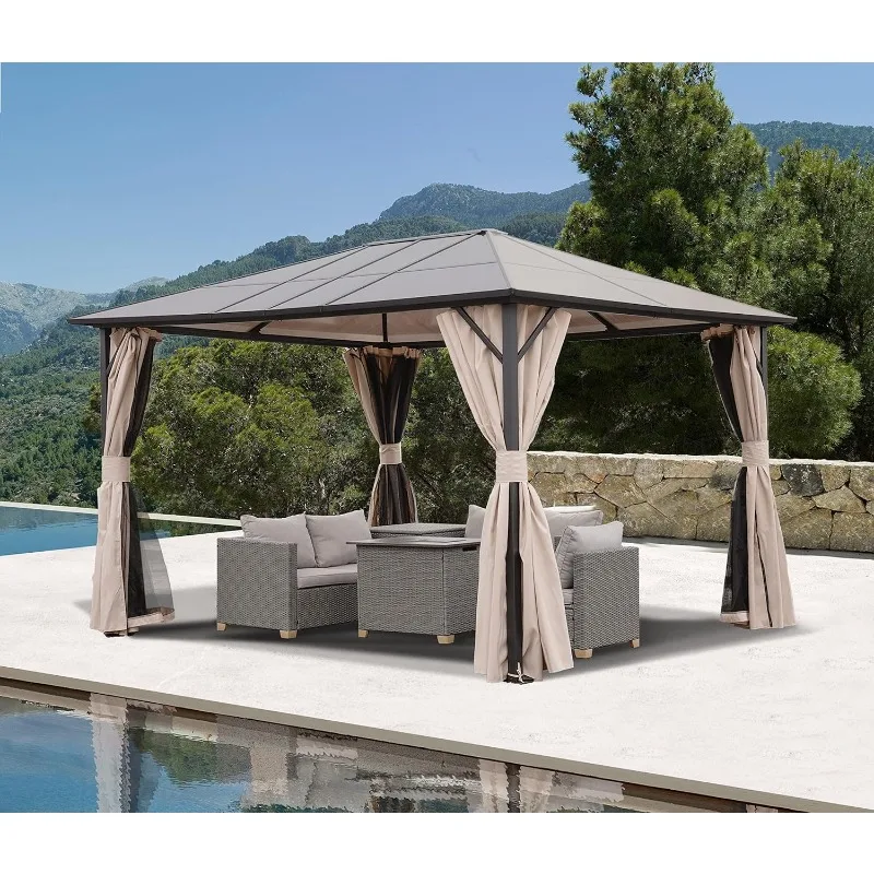 

10'x13' Gazebo Outdoor Hardtop Polycarbonate Gazebo Canopy with Netting and Curtains for Garden, Patio, Backyard