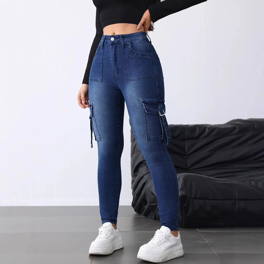 European American Skinny Jeans Fashion Flip Pockets Women's Ankle-Length Denim Pants Versatile Stretch Casual Fit Cargo Pants