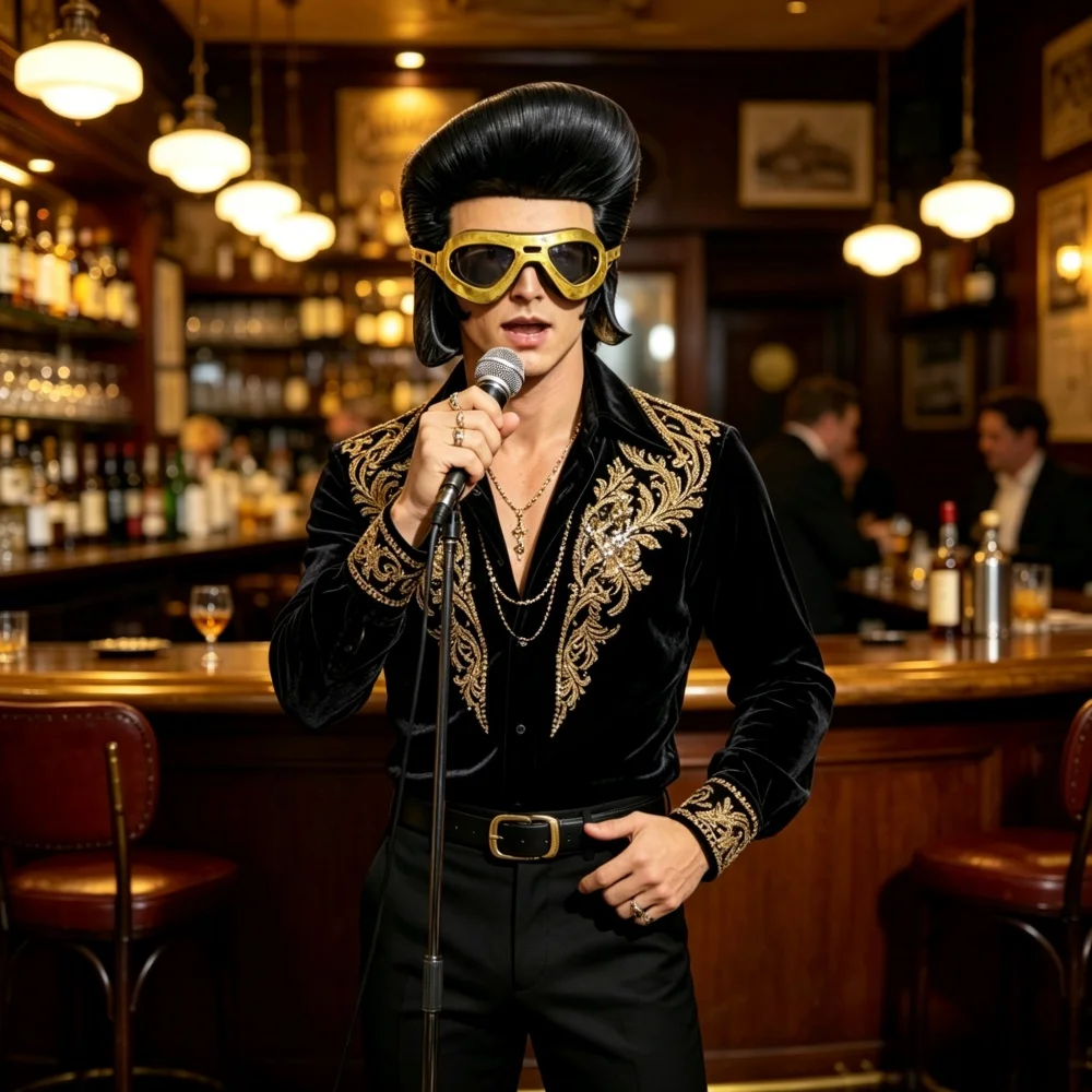 Vintage Rock Style Wig Mask with Gold Goggles Black Pompadour Headwear for Party Costume For Man