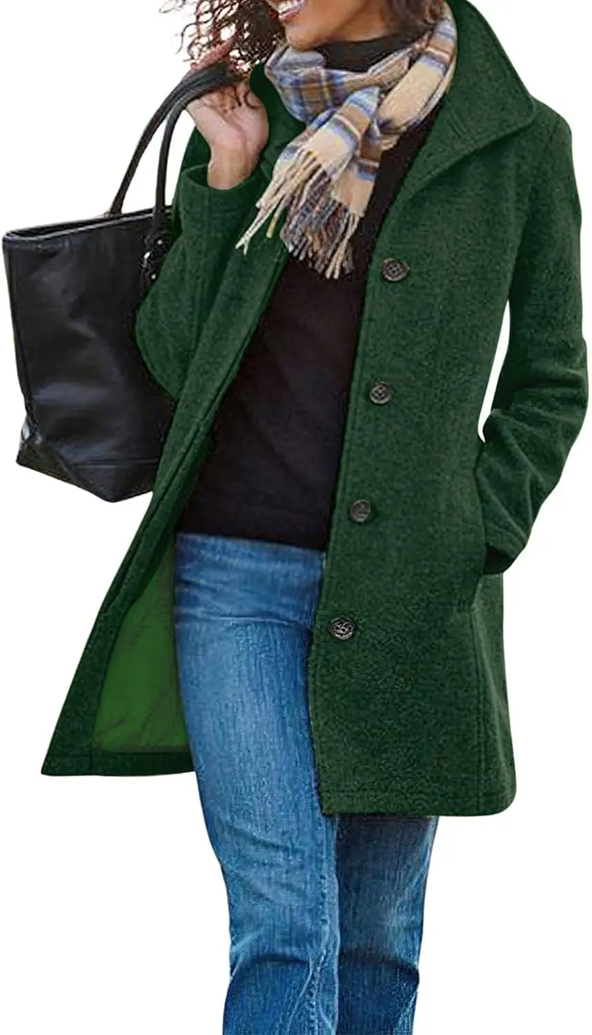 

ZENFLEX Women's Casual Thicken Wool Blend Stand Collar Single Breasted Pea Coat