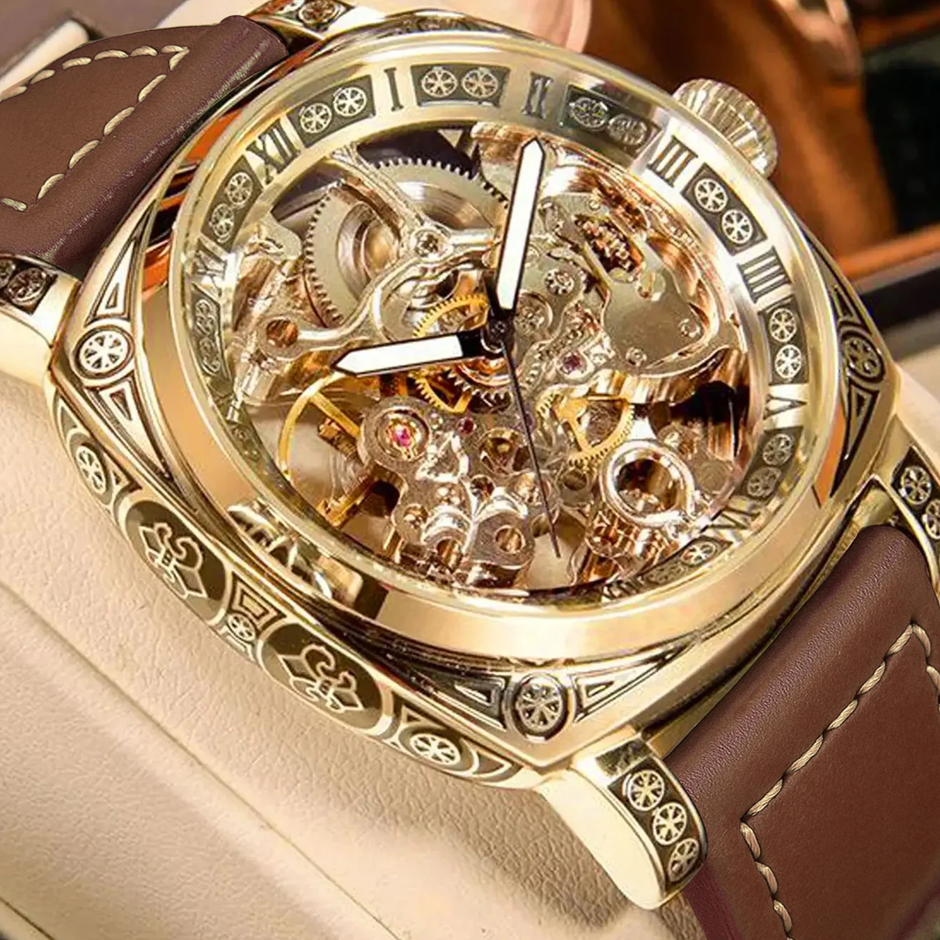 New Carving Mechanical Watch Retro Fully Automatic Man Watch Hollow out Fashion Mechanical Watch Luxury Men Wrist Watches