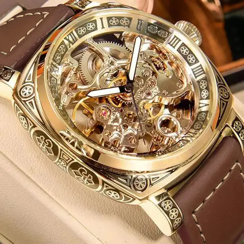 New Carving Mechanical Watch Retro Fully Automatic Man Watch Hollow out Fashion Mechanical Watch Luxury Men Wrist Watches