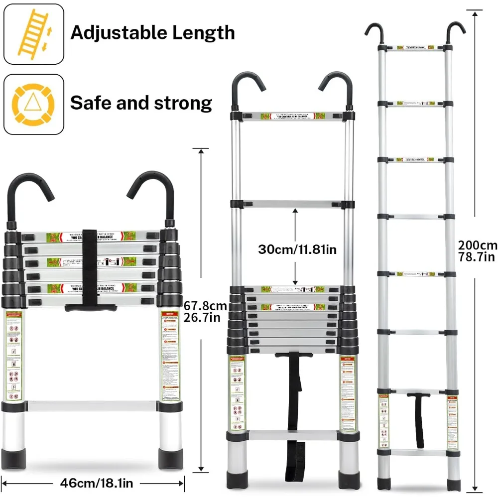 سلم تصغير محمول من الألومنيوم، امتداد 6.5 قدم مع أقدام غير قابلة للانزلاق وخطاف ثابت للاستخدام المنزلي، مثالي للوصول إلى Hei