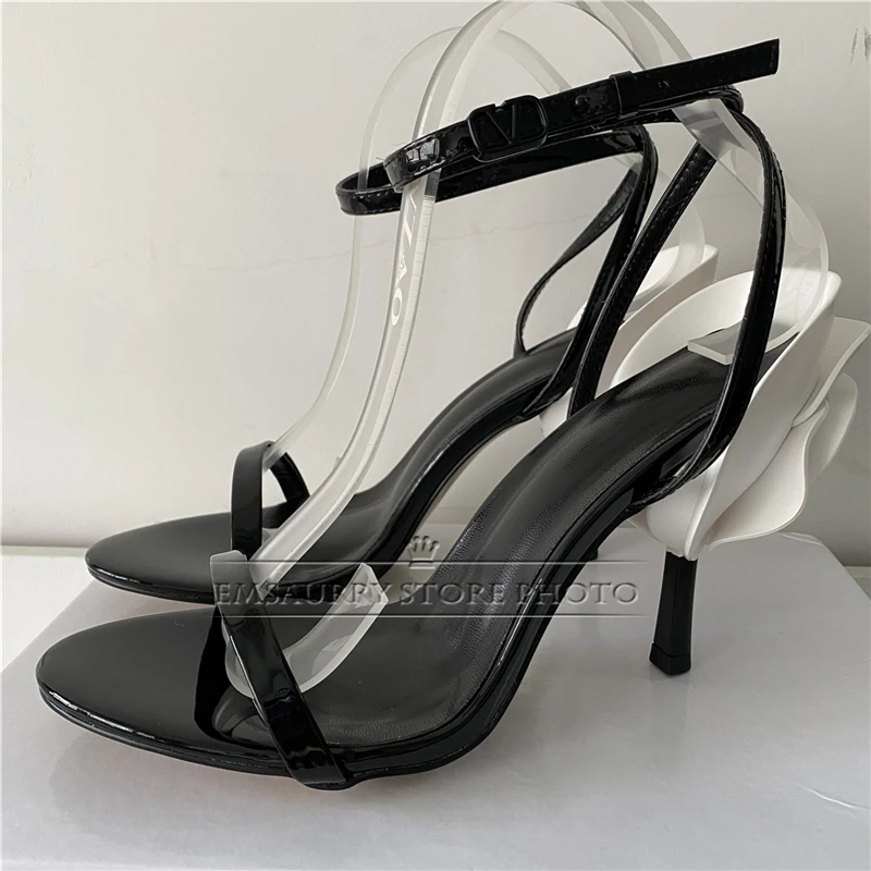 Individual Carved Rose Strange Heel Women Sandals Genuine Leather Narrow Band Ankle Strap Party Shoes Summer