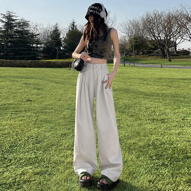 بنطال ذو قصة أرجل واسعة كاكي للنساء ربيعي طويل للغاية طيات مرنة حزام اللف الحد الأدنى الربط فريد مشروط تخفيف #3