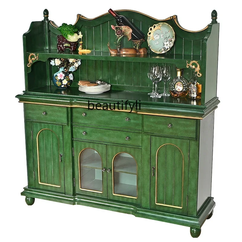 

n American countryside cabinet solid wood high cabinet against the wall kitchen rack wine cabinet integrated retro green