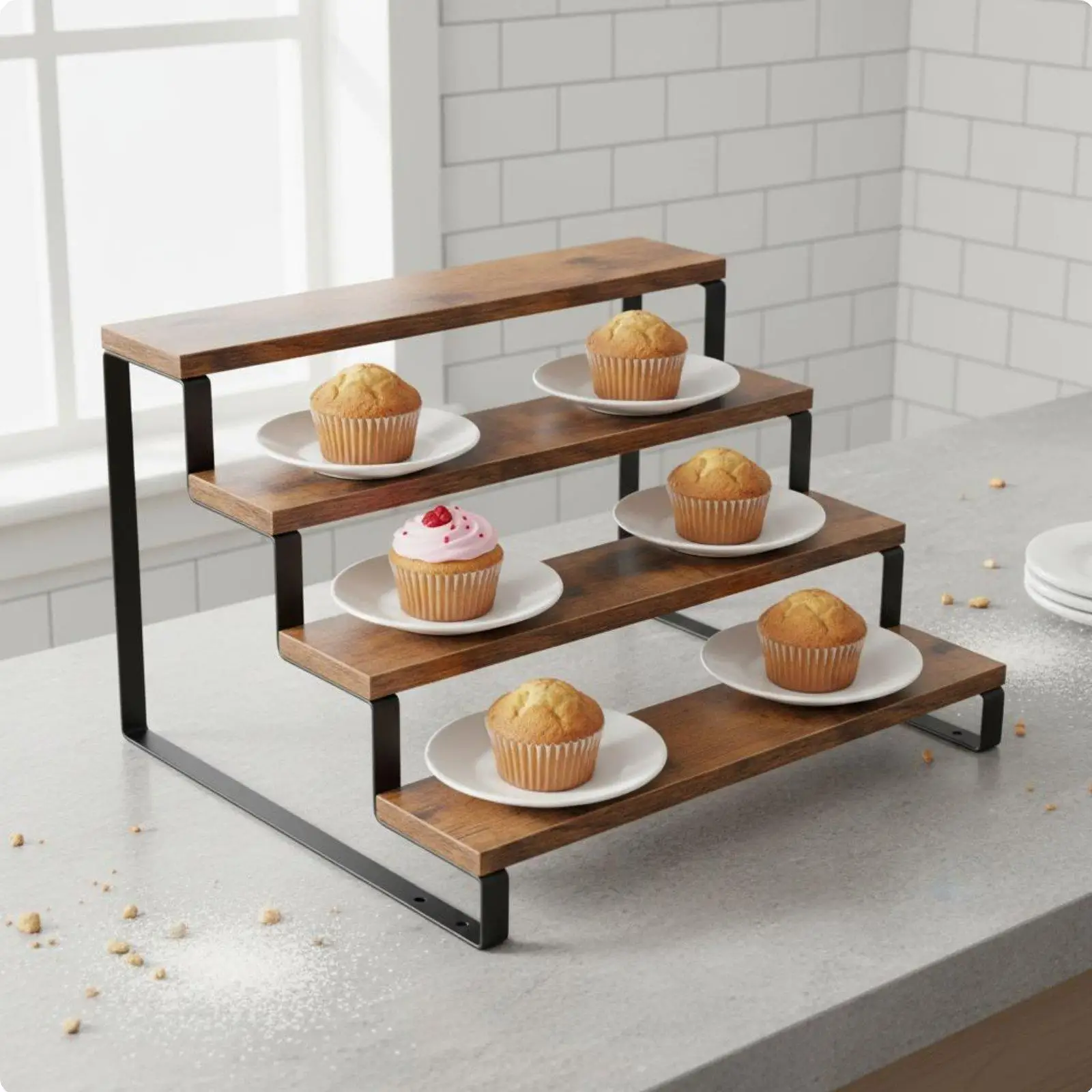 Rustic Iron Frame Wood Shelf 4 Tier Countertop Display Rack for Kitchen Storage and Small Plant Stand