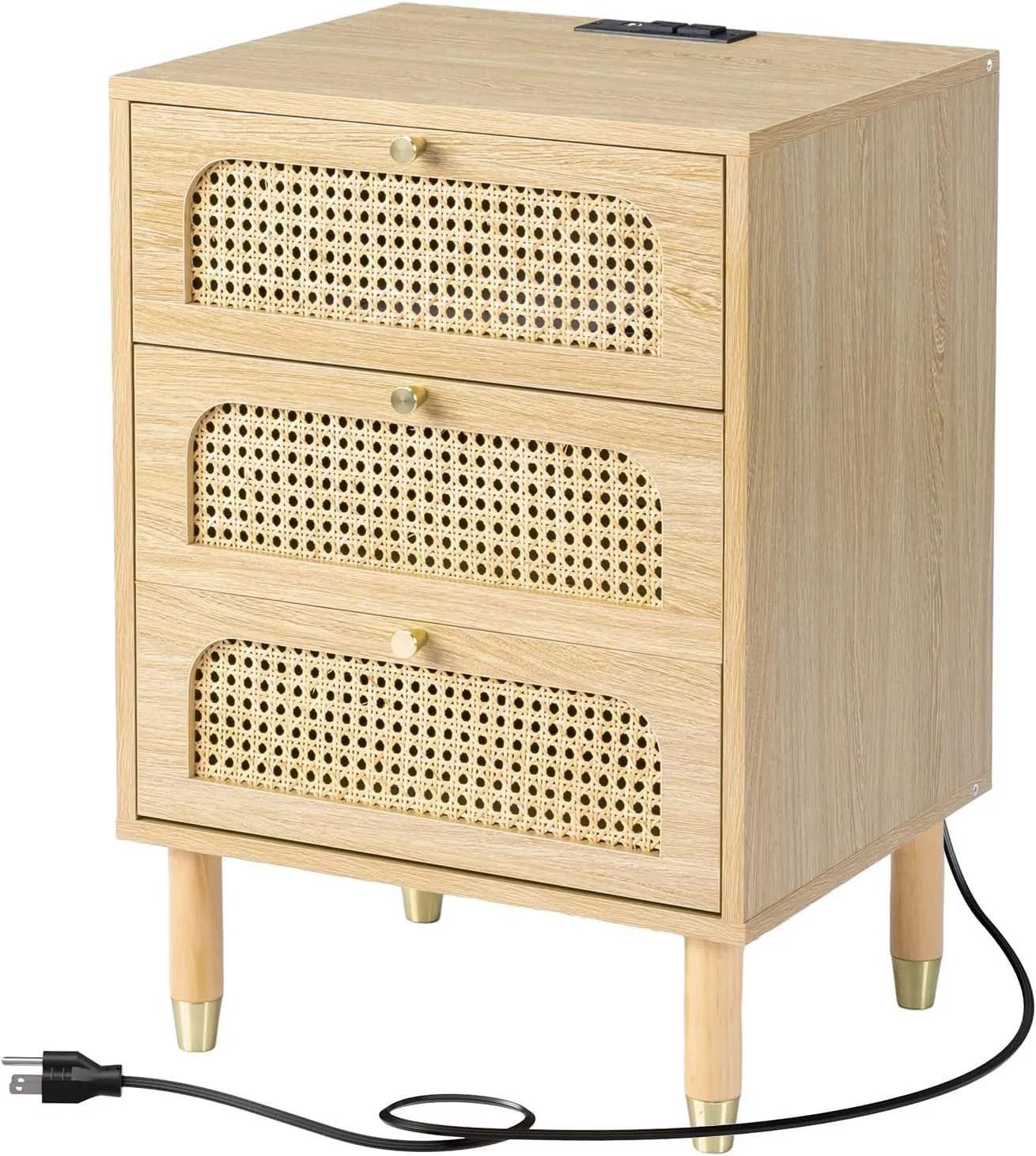 

3 Drawer Night Stand Boho Nightstand with Charging Station for Bedroom Oak