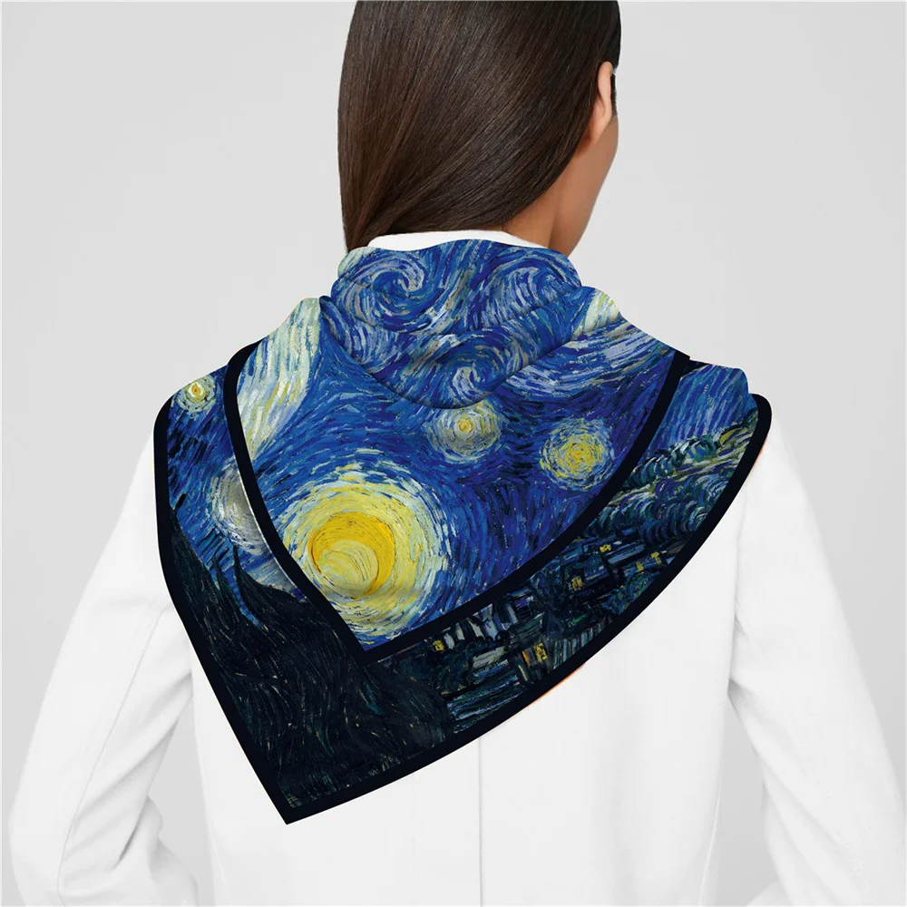 Silk Scarf Women Oil Painting Square Scarves Head Echarpes Silk Foulards Femme Wraps Beach Shawls Bandana Lady Hijabs 90CM