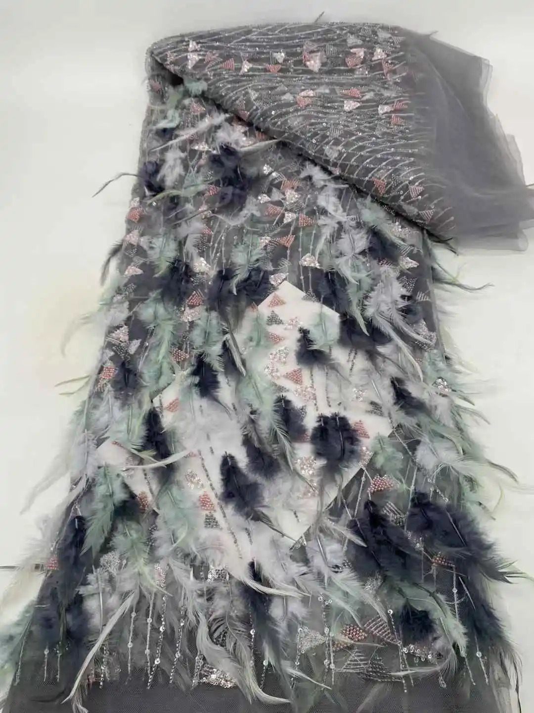 3D 깃털 자수와 아름다운 수제 깃털 프랑스 메쉬 원사 레이스 아프리카 나이지리아 패브릭 이브닝 드레스 결혼식