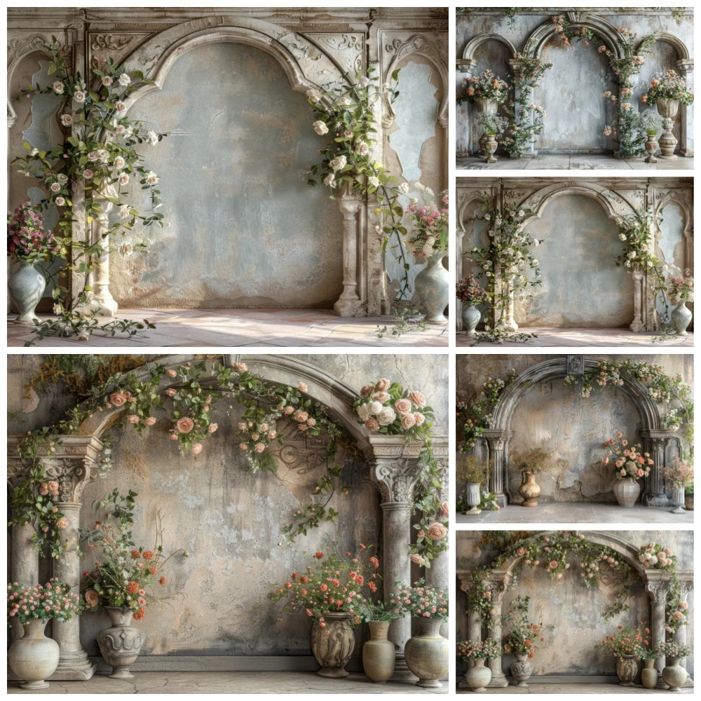 Vintage European Backdrop Elegant Archway Stone Columns Floral Wedding Photography Background Classic Ballroom Portrait Scene