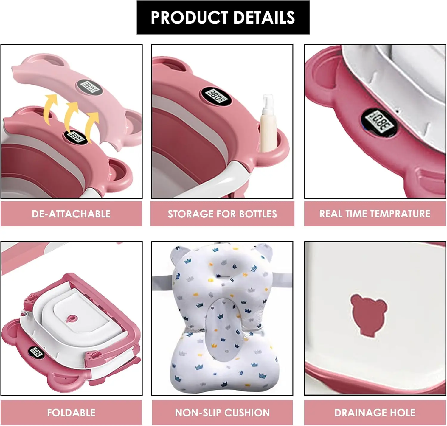 Tragbare, faltbare Babybadewanne für Neugeborene mit Echtzeit-Thermometer, weichem Stützkissen, zusammenklappbare Reise-Babybadewanne mit Ablaufstopfen, kompakte Aufbewahrung, Kinderbadewanne – Detail 15