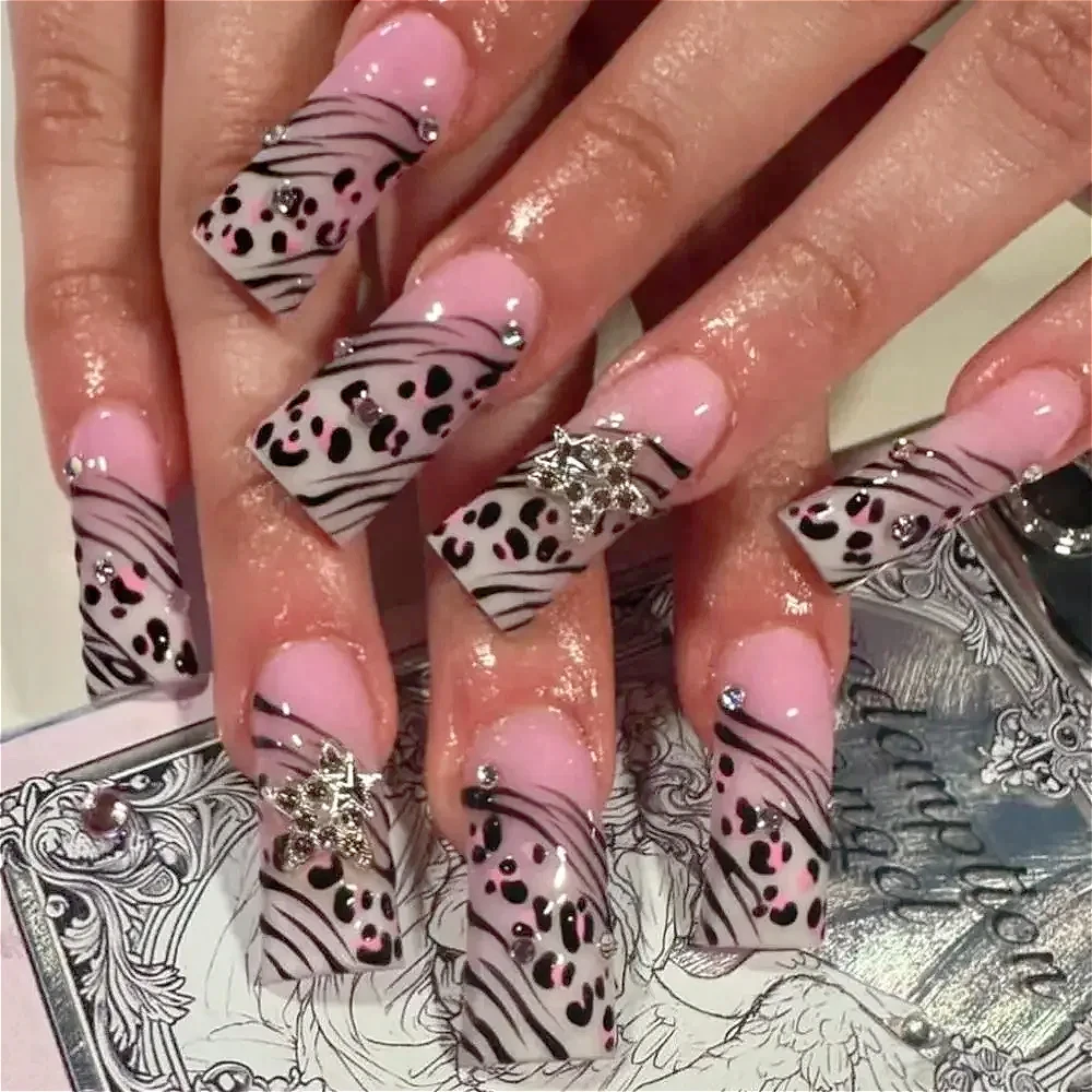 Sexy Hot Girl Leopard Print Star Bowknot French Extra Long Square Fake Nails Art False Nails Charms Press on Nails Manicure Tool