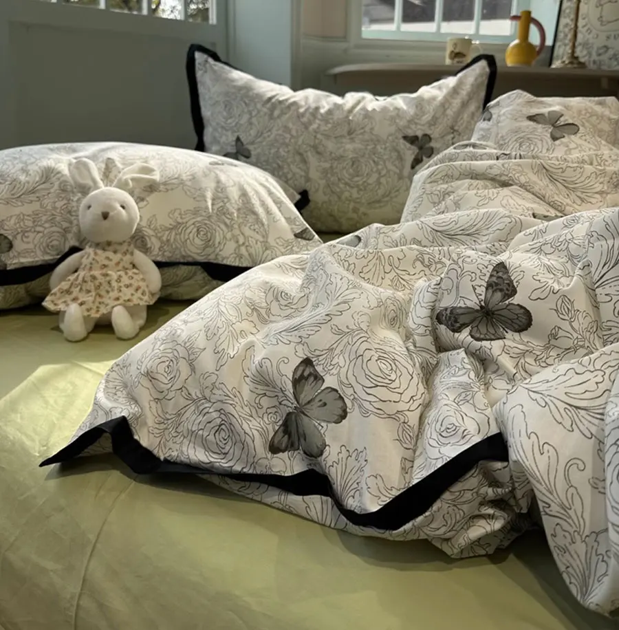 

Romantic flower butterfly green bedding set 1.2 1.5 1.8,twin full queen vintage home textile bed sheet pillow case duvet cover