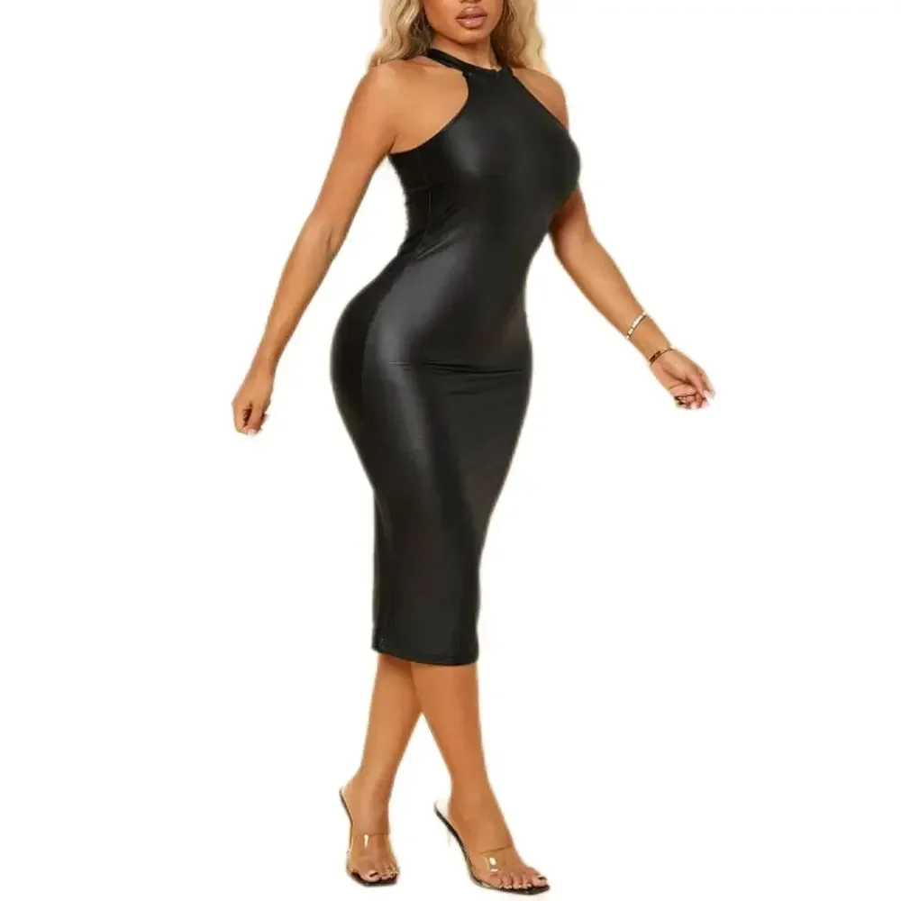 Wetlook-Women's Sexy Hip Wrap Dress, Plus Size Women Clothing, Exotic Halter,Matte PU Leather,Sissy Bodycon Midi Dress for Club