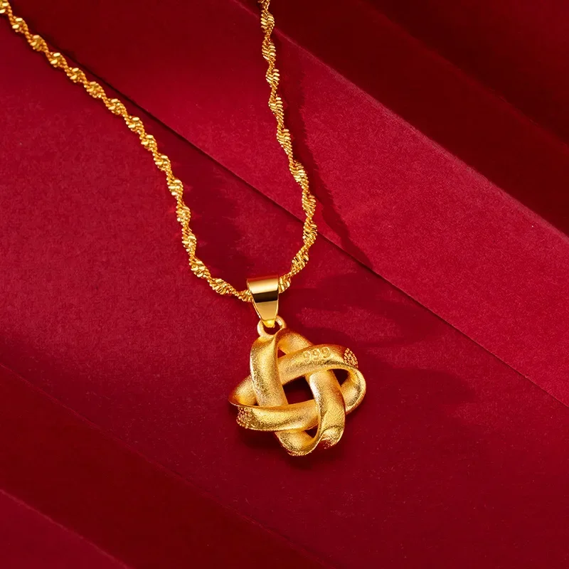 9999 Real Gold 24K Gold Woman Knot Pendant Clover Chinese Knot Necklace