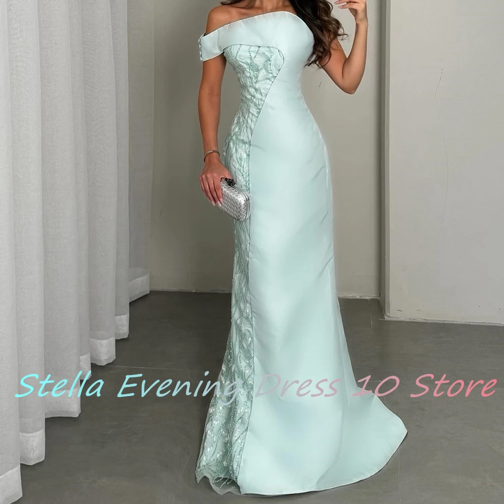 Customized Sexy Satin Straight Off the Shoulder Buttons Sequined Evening Dress High Quality Floor Length vestidos de fiesta