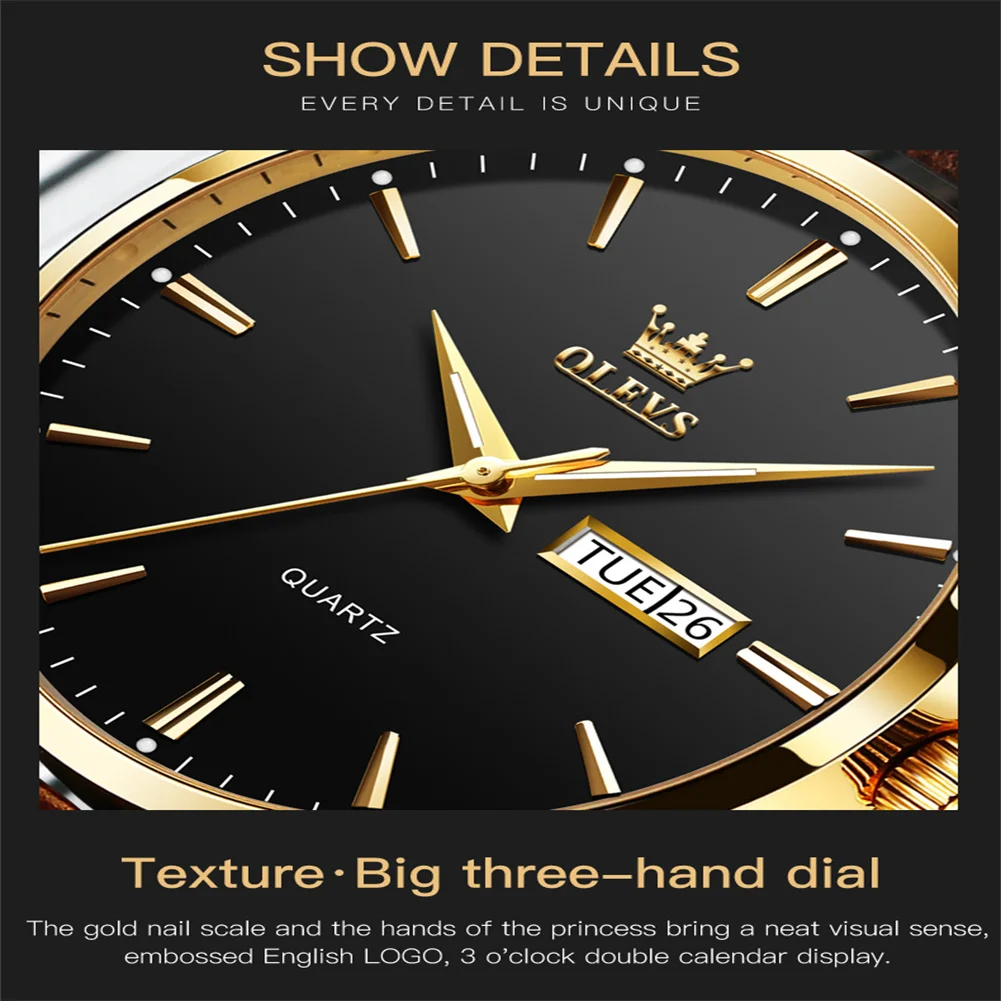 OLEVS 6898 Top Brand Luxury Quartz Watch Set Mens Women Couple Wristwatch Waterproof Leather Calendar Clock Top Gift For Lover