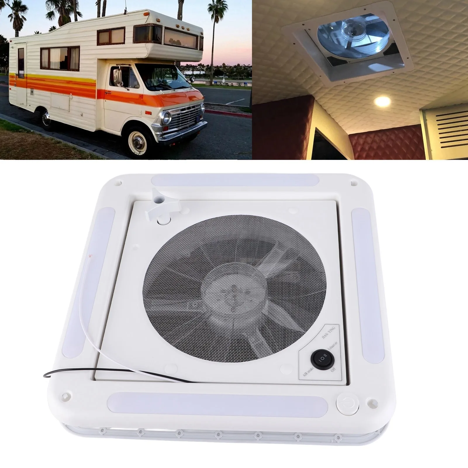 

Motorhome Roof Vent Fan RV Roof Vent Fan 12V 360x360mm 10 Blades Dual Mode Air Inlet Outlet 4 LED Light for Camper Van Trailer