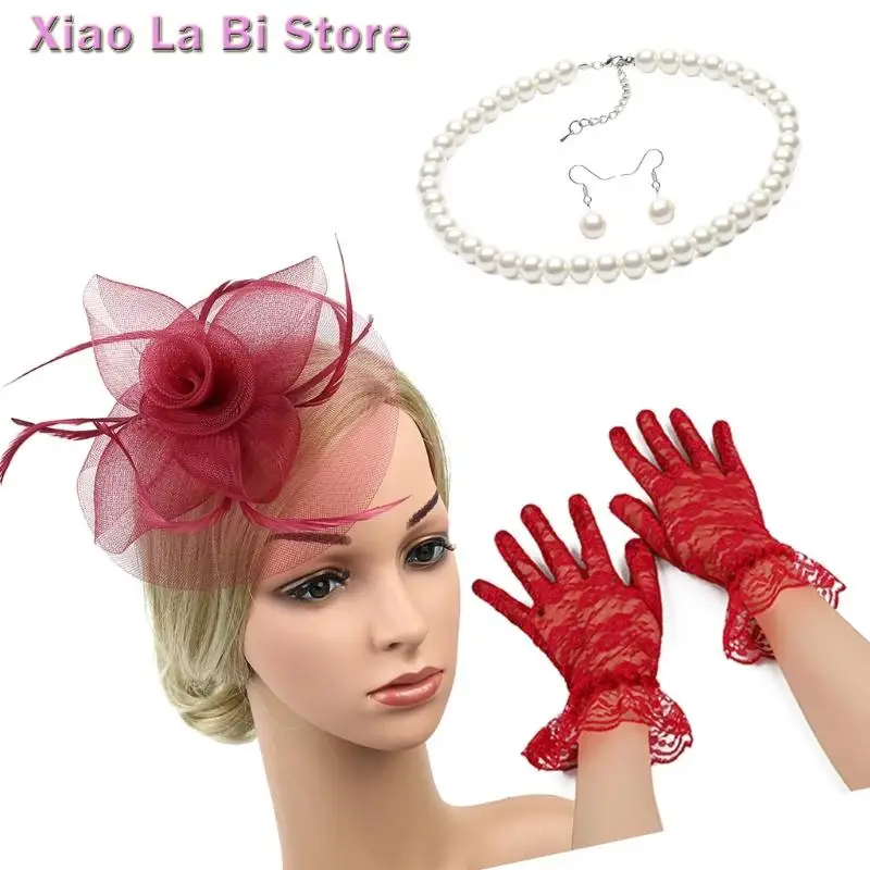 

XXFD Embellished Headwear Fascinator Hat Gloves Set for Women Teas Party