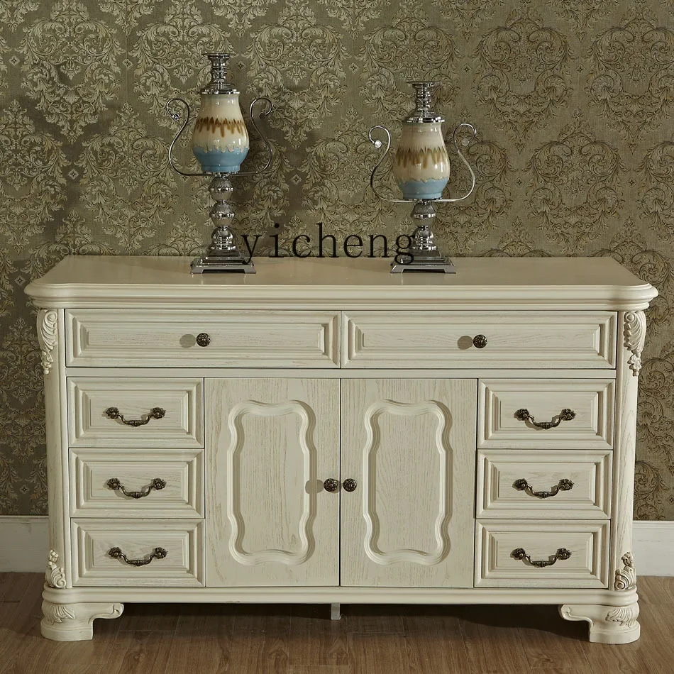 European solid wood dining side cabinet, white antique light luxury locker, simple European cabinet with drawers
