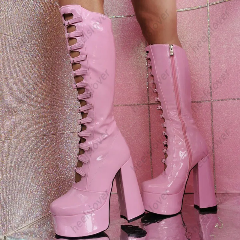 Ahhlsion Shiny Women Spring Knee Boots Hollow Out Chunky Heels Round Toe Gorgeous Pink White Club Shoes Ladies US Size 5-15