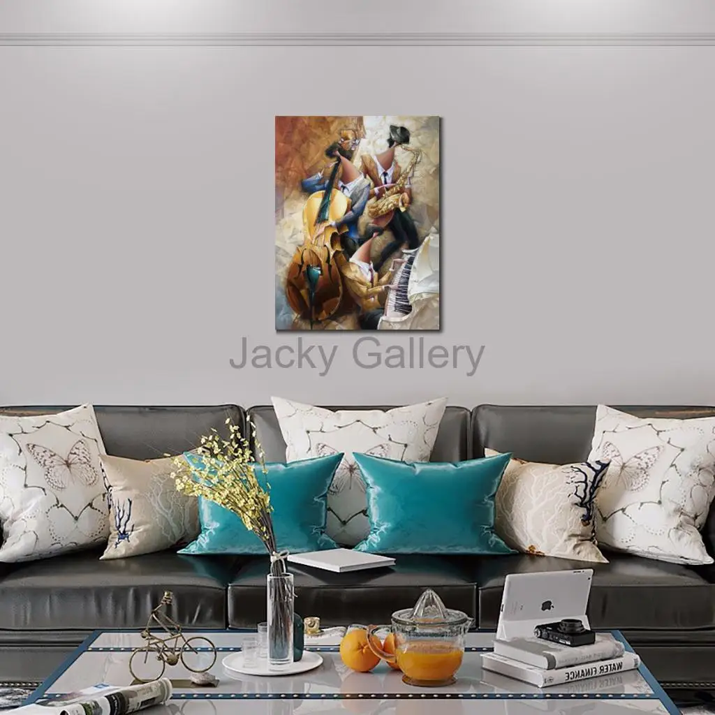 Abstract Figures Oil Painting on Canvas Handmade Jazz Trio Musician Modern Art for Contemporary Office Pub Wall Decor