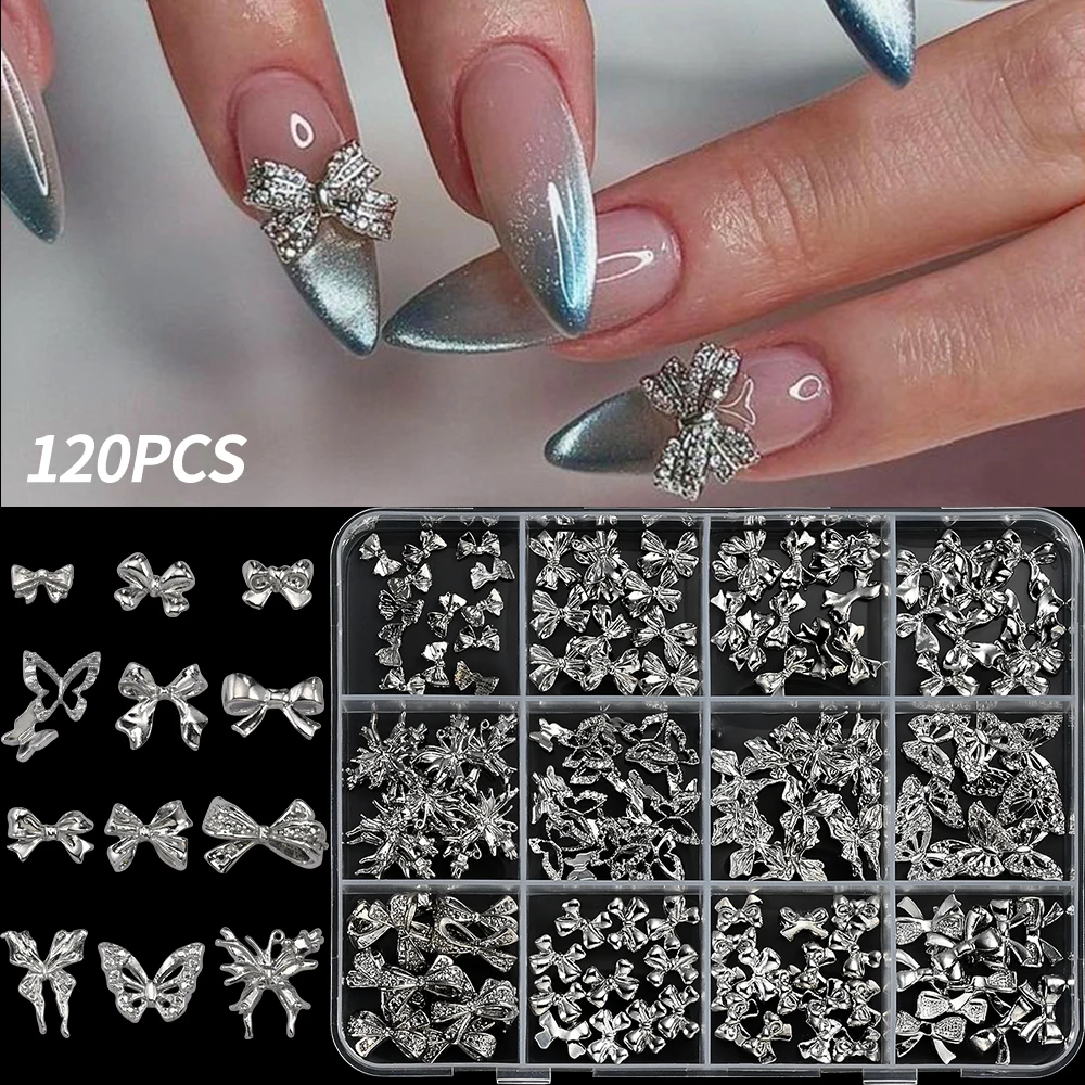 

120 шт./кор., смешанные 3D металлические ленты с бантом, подвески для дизайна ногтей, серебряный/золотой сплав, бант, украшение для ногтей, сделай сам, стразы, бант, маникюрная часть