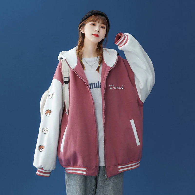 Y2k Baseball Coat Women Kawaii Oversized College Zipper Hooded Bomber Jackets