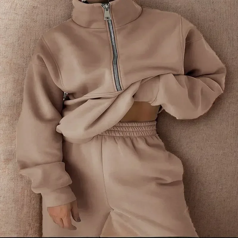 

Autumn New Solid Color Loose Casual Sweatshirt Elastic Waist Sweatpants Set Women Fashion Zipper Pullover Top Korean Pants Suit
