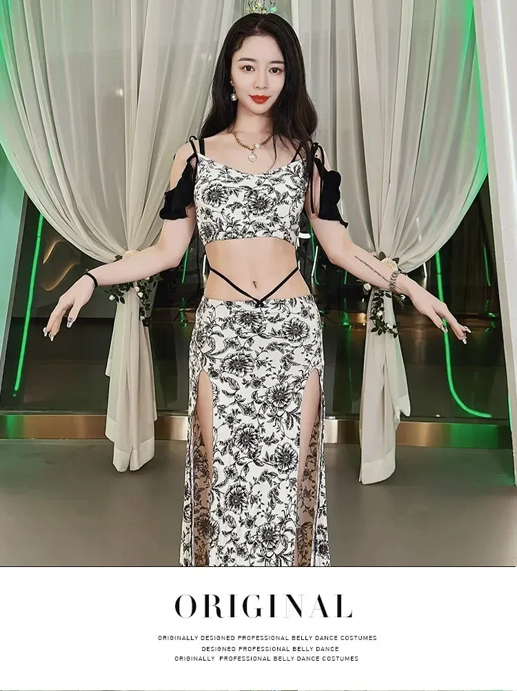 Nuova tuta da danza del ventre a maniche lunghe con stampa retrò, tuta da allenamento, stile palazzo, danza orientale, tuta da performance in 2 pezzi