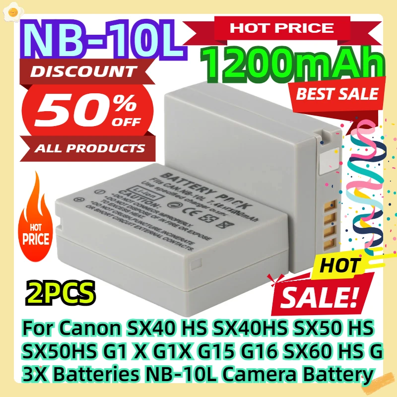 For Canon SX40 HS SX40HS SX50 HS SX50HS G1 X G1X G15 G16 SX60 HS G3X Batteries 7.4V 1200mAh NB-10L Camera Battery 2pcs