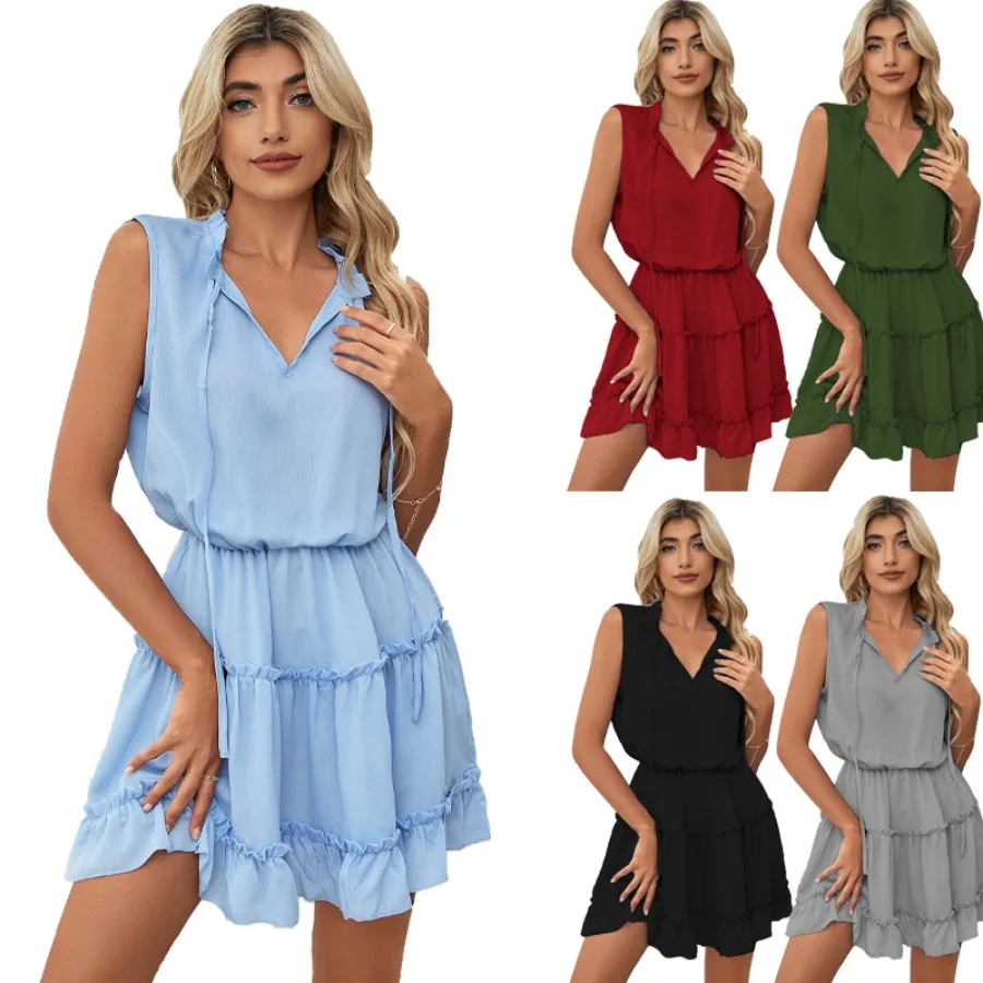 

【New style】's new summer V-neck loose pullover solid color dress sleeveless simple knee-length skirt