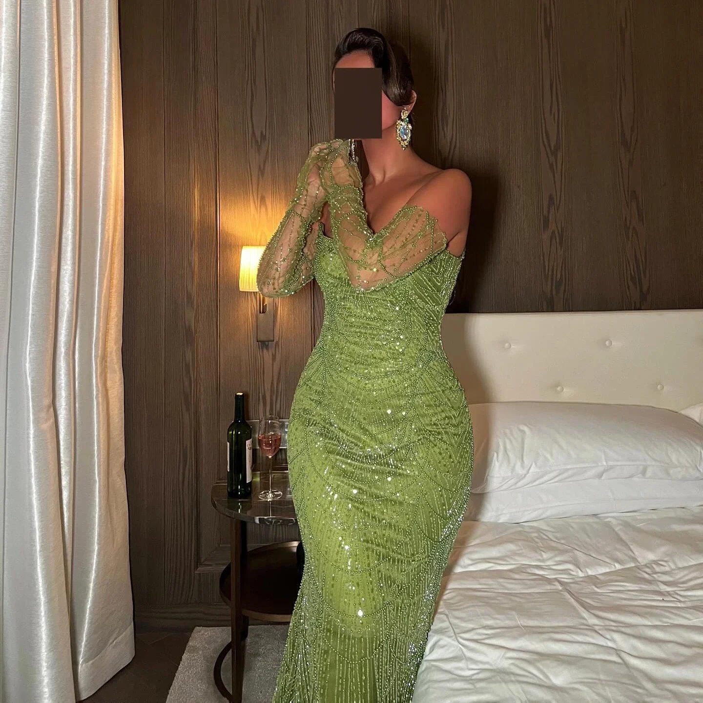 vestidos de fiesta Luxury Dubai Mermaid Green Evening Dresses with Gloves 2024 Elegant Saudi Arabia Women Wedding Party Gowns