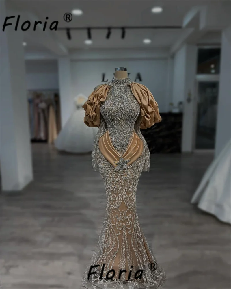 

Luxury Crystal Stones Mermaid Prom Dresses 2025 Long Puff Sleeve Beaded Evening Party Gowns Vestidos de novia Customized Wedding