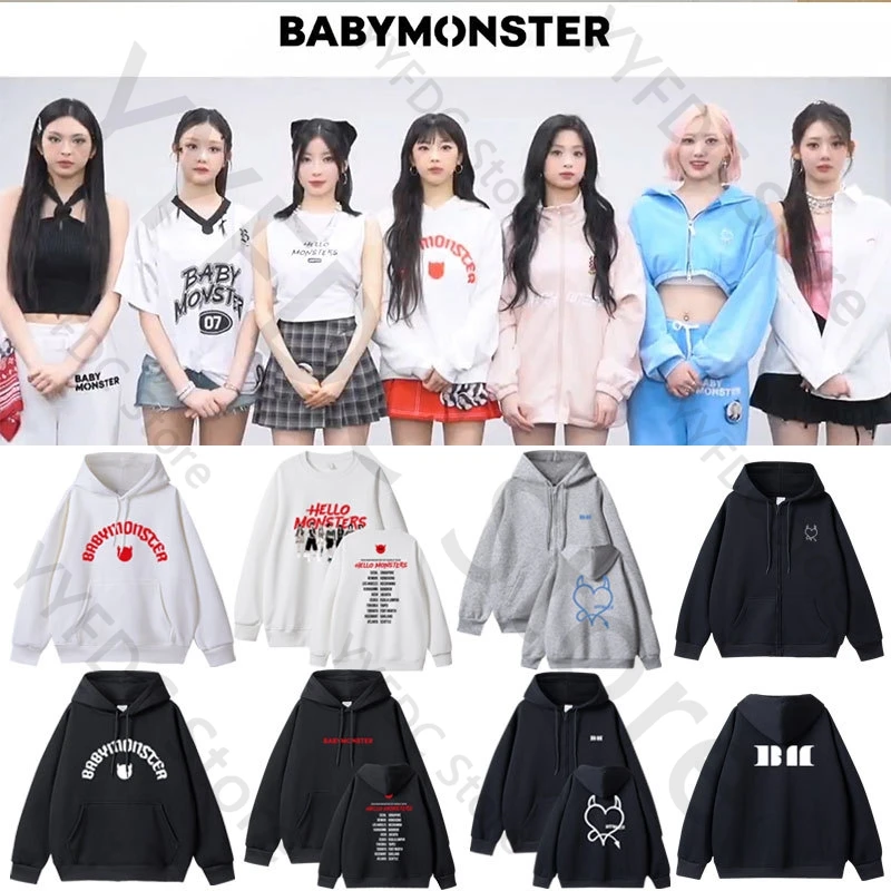 BABYMONSTER 2025 مرحبا وحوش هوديس موضة Kpop إلكتروني طباعة BABYMONSTER نفس هوديي الرجال النساء الخريف سستة بلوزات