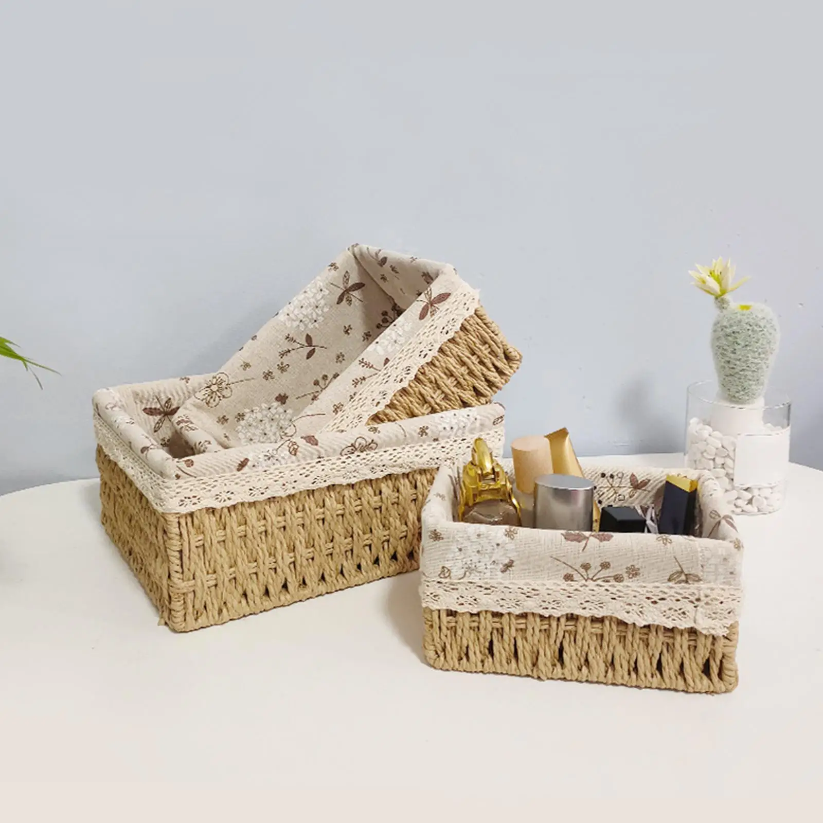 Handmade Rattan Storage Basket with Removable Liner for Toys Snacks Fruit Bread Kitchen Cabinet Organizer