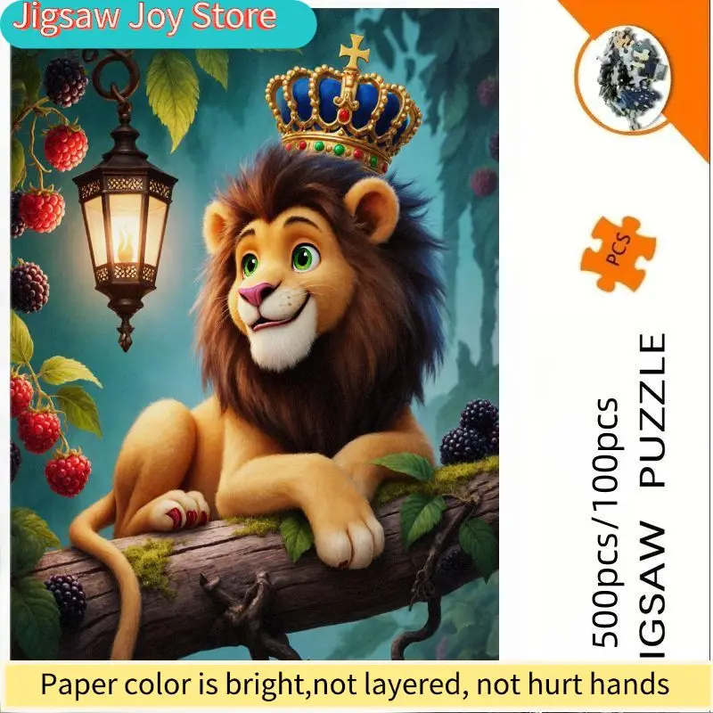Dreamy Cartoon Lion King Puzzle - 500/1000pcs Exquisite Puzzle Game Featuring a Golden Lion with Blue Crown and Mystical Fores