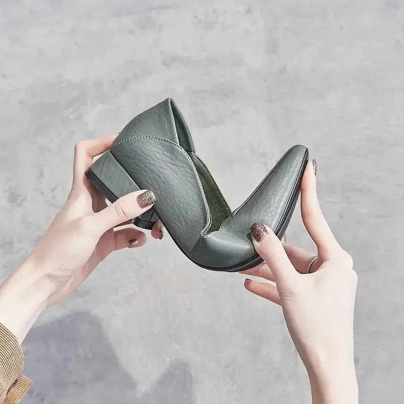 Square Heels Pointed Toe Low Heel Elegant Normal Leather Casual Shoes for Women Woman Footwear Apricot Work Office Vacation L A