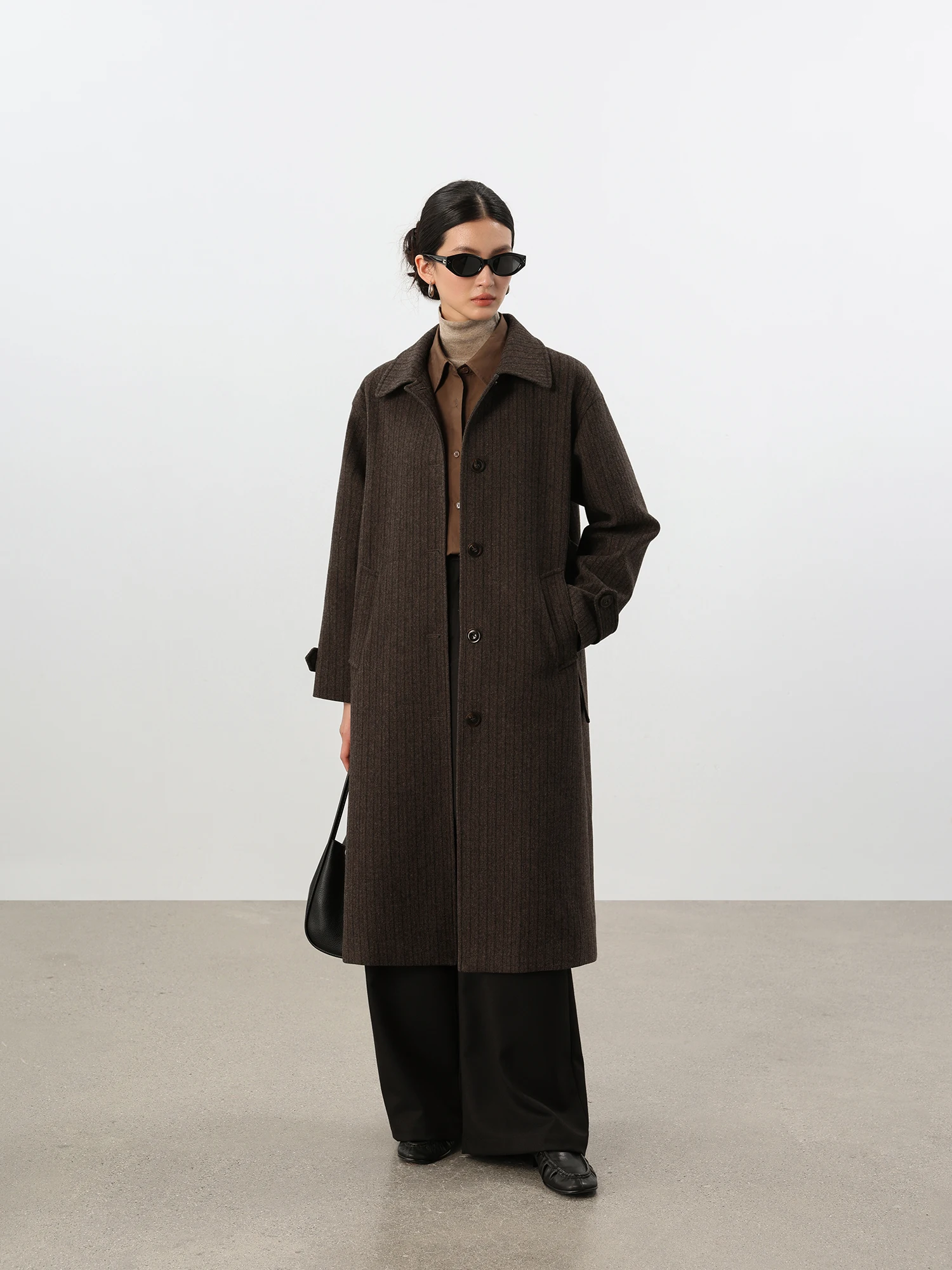 

J R0W Vintage Vertical Stripes Woolen Coat Women's Mid-Length Windbreaker Outerwear Casual Sle Pure E-commerce S